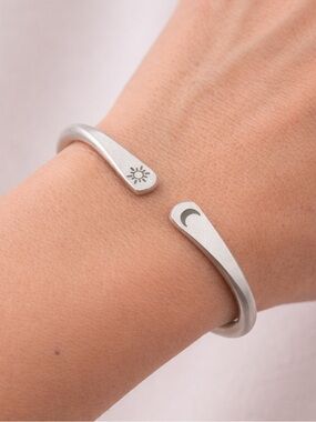 Silver Sun & Moon Cuff Bracelet – 8 inch Adjustable Matte Unisex Bangle